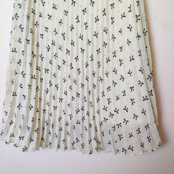 Vtg Pleated Chiffon Cream Black Ribbon Print A-Line Skirt Small Preppy Coquette - Picture 4 of 11